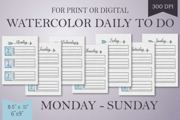 Blue Watercolor Daily to Do List-Mon-Sun Print Templates