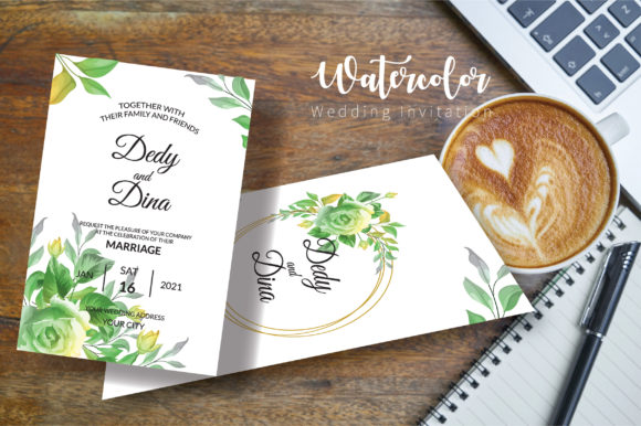 GREEN WATERCOLOR WEDDING INVITATION and Print Templates