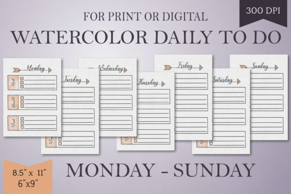 Orange Watercolor Daily to Do List-Mo-Su and Print Templates