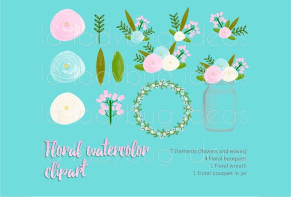 Pink and Aqua Watercolor Floral Clipart for Decorative Elements
