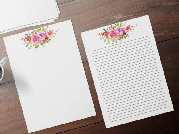 Pink Watercolor Floral Stationary Set for Print Templates
