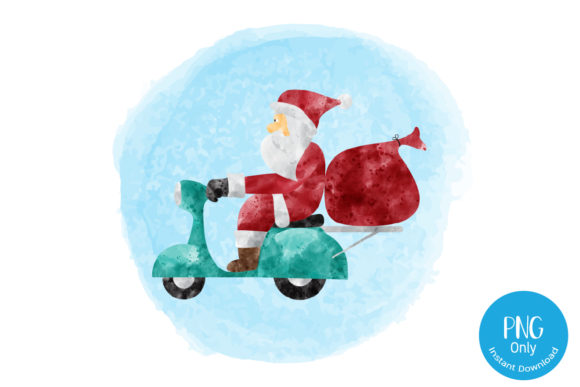 Santa Claus Ride Scooter Watercolor Print Templates