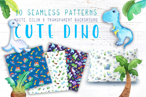 Watercolor Dinosaur Seamless Pattern and Patterns