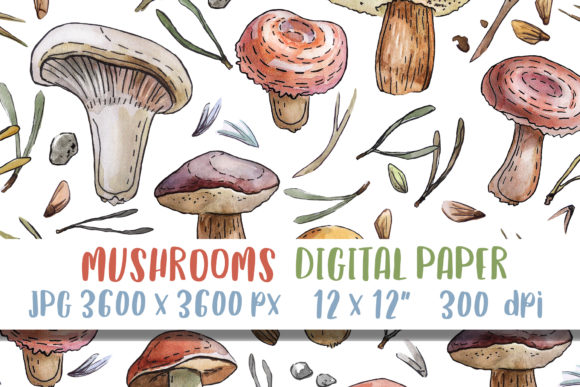 Watercolor Mushrooms Digital Paper Print