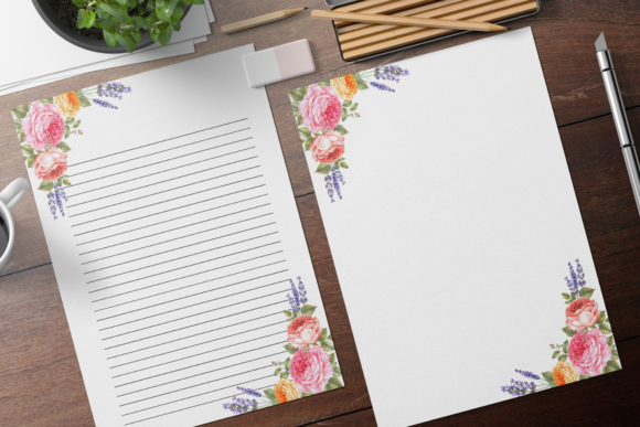 Watercolor Rose and Lavender Stationary: Print Templates for Elegant Design